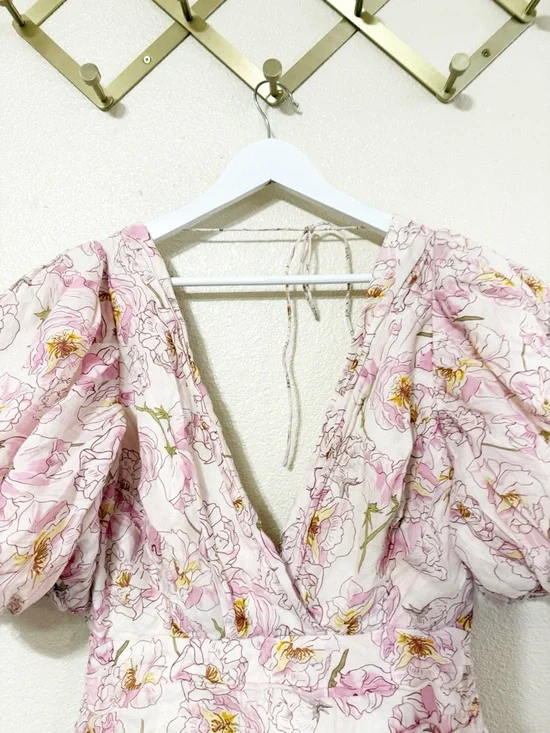 Sau Lee Posey Puff Sleeve Floral Pastel Pink Ruched Mini Dress Size US 8 - Picture 12 of 16